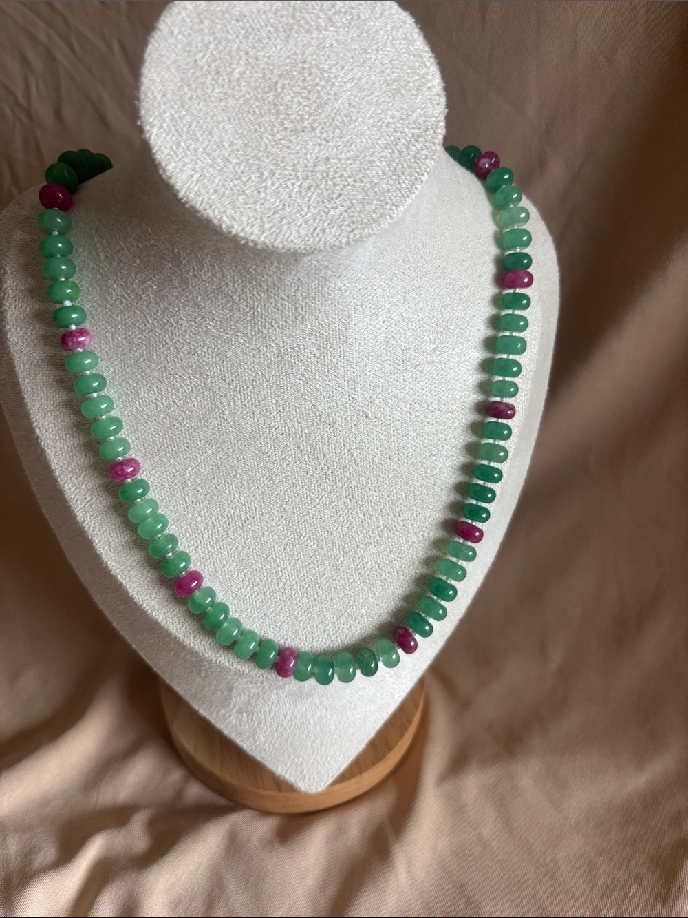 Handmade green and pink Beaded Gemstone Necklace 18 inches